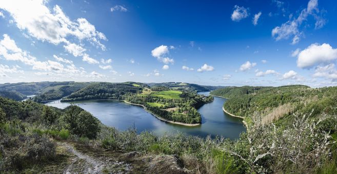 Panoramablick auf einen Fluss, der sich durch eine grüne Hügellandschaft schlängelt, unter einem blauen Himmel mit weißen Wolken.